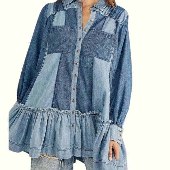 FREE PEOPLE Sun Burst Denim Mini Dress Size XSMALL - Picture 6 of 16